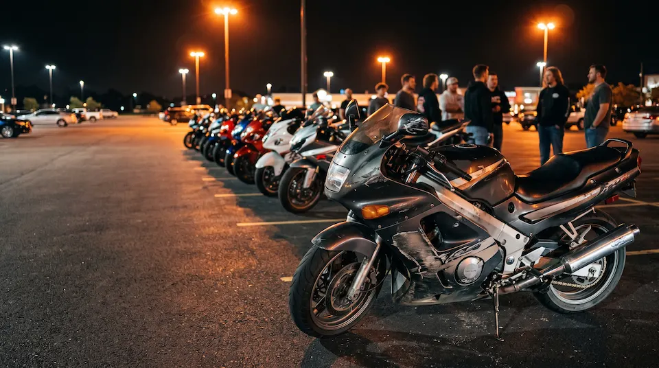 Older sportbike with scuffed fairings and faded, peeling stripe decals parked at the end of a row of bikes at a night bike meet
