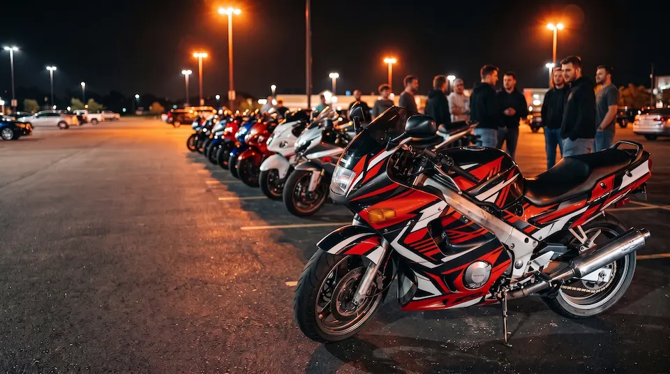 Sportbike with a bold red, black and white graphic kit parked at the front of the row at a night bike meet