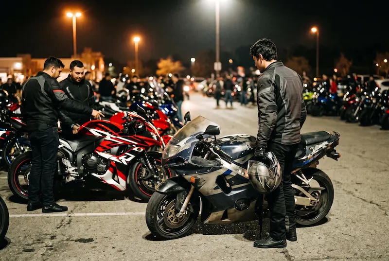 Rider holding his helmet beside his scuffed, faded sportbike, looking over at friends admiring a bike with bold new graphics